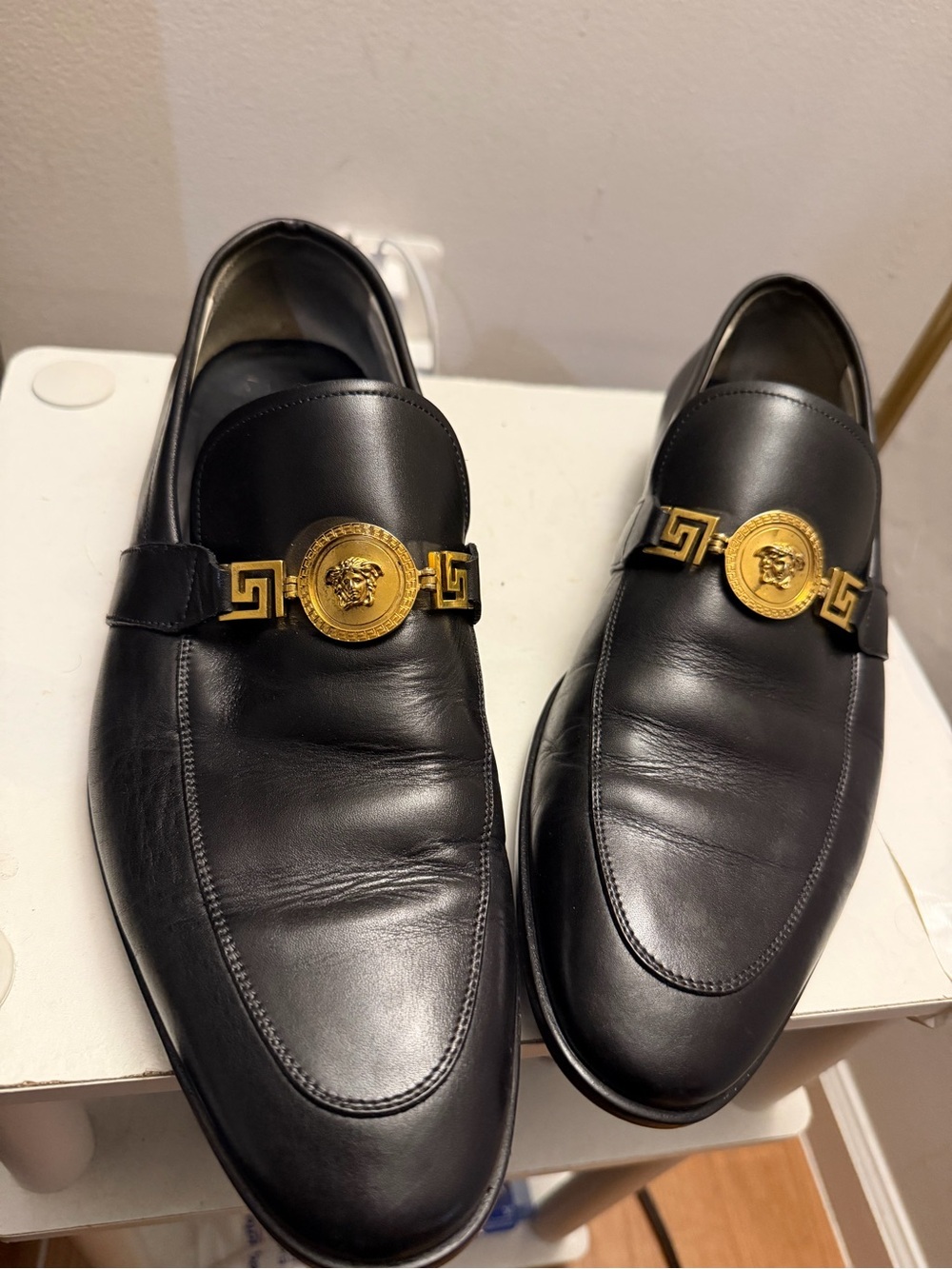 Versace Black Leather Loafers with Gold Medallion Hardware